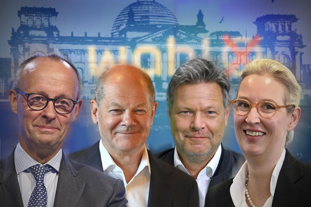 Fotomontage mit Friedrich Merz, Olaf Scholz, Robert Habeck und Alice Weidel (v.l.n.r.)