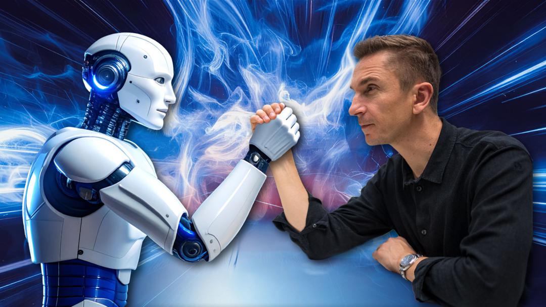 Moderator Eric Mayer beim Armdrücken mit einem Roboter