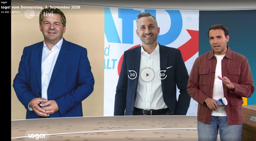 "logo"-Moderator Sherif Rizkallah (r.), neben ihm Fotos von Sven Schulze (CDU, l.) und Ulrich Siegmund (AfD)