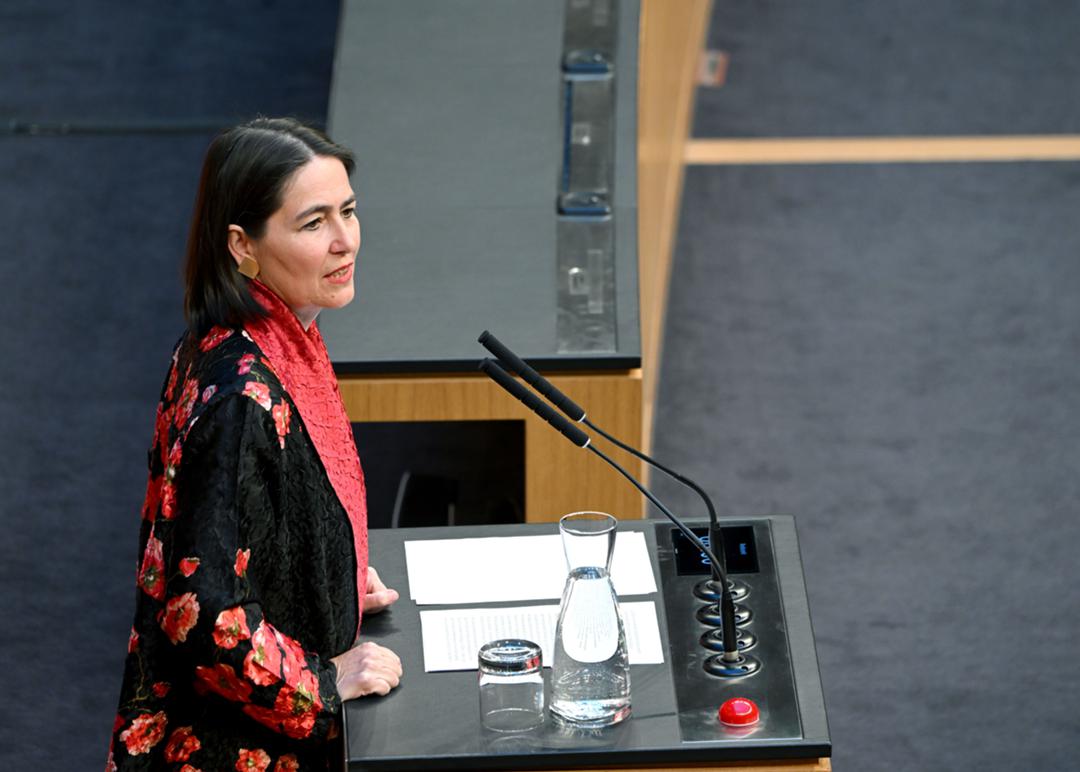 Alexandra Föderl-Schmid bei einer Podiumsdiskussion im Nationalratssaal in Wien